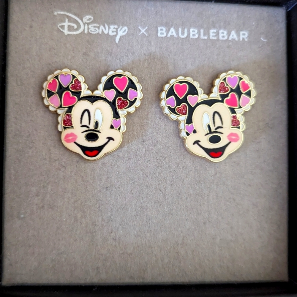 Disney Baublebar Mickey earrings with hearts. New in box, never used.